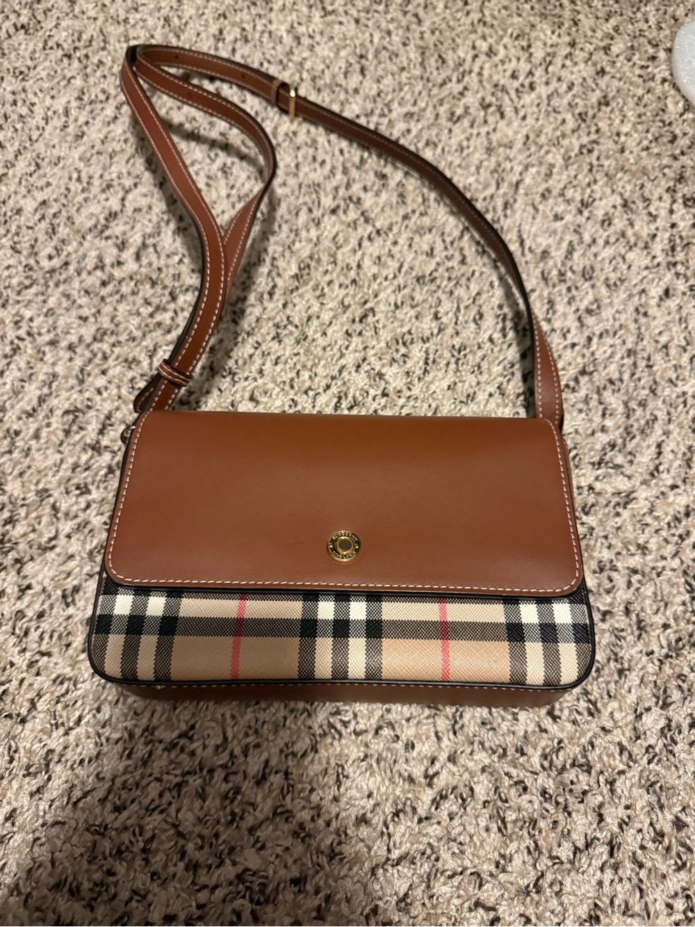 Burberry Hampshire Tan Leather & Vintage Check Crossbody Bag